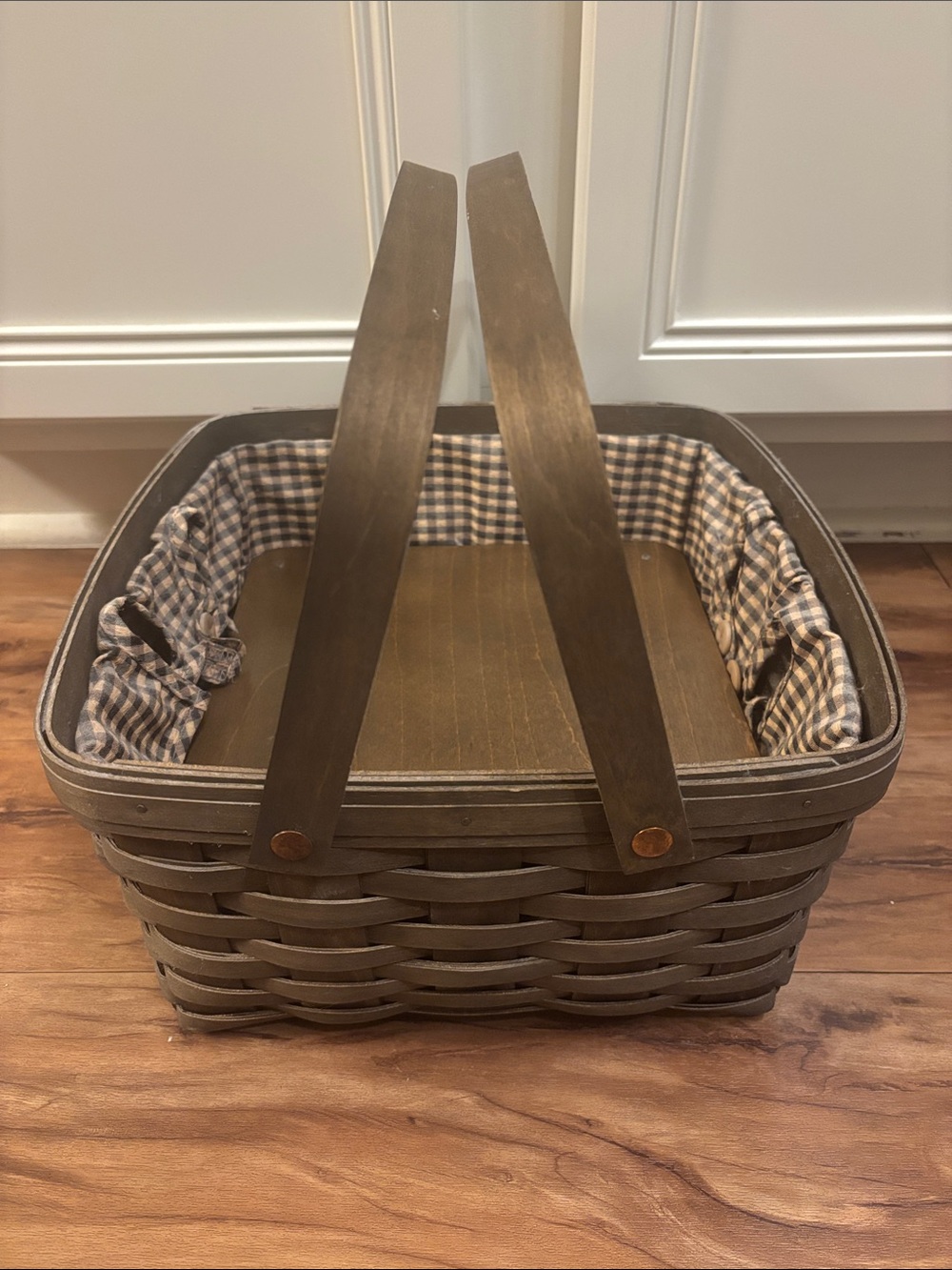 Longaberger Brown Woven Basket with Gingham Liner